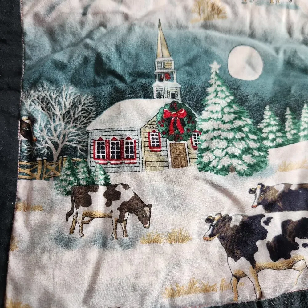 Handmade Christmas Quilt Snowy Farmhouse Red Barn Church Steeple Cows 77x66